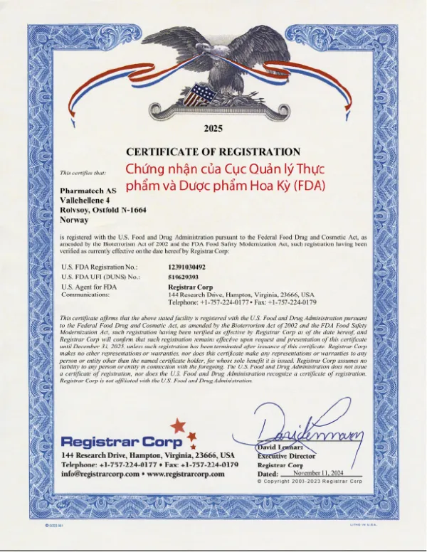 Chứng nhận FDA Hoa Kỳ và GMP